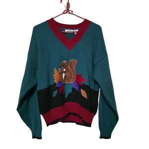 Vtg Fall Squirrel Vneck Sweater Women S Leaves Halloween Colorblock Cottagecore